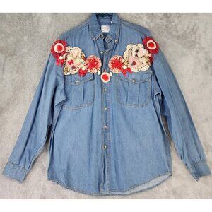 Mairaj Collection Shirt Womens Medium Blue Denim Crochet Vintage Upcycled Top